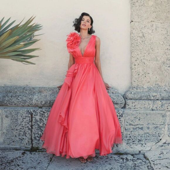 Mac Duggal 48856 Size 10 Hot PInk Ruffle V-Neck Chiffon Ballgown Gown Maxi Dress - Picture 3 of 6